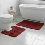 2 Piece Pebble Design Memory Foam Bath Mat Set Soft Absorbent Non-Slip Bathroom - Red