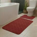 2 Piece Block Design Memory Foam Bath Mat Set Soft Absorbent Non-Slip Bathroom - Red