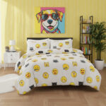 Emoji Print Duvet Cover Set Cool Playful Bedding with Pillowcases - Single - White
