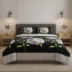 Reversible Floral Duvet Set Elegant Flower Stripe Pattern Bedding for Home Decor - Black - Double