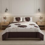 Reversible Floral Duvet Set Elegant Flower Stripe Pattern Bedding for Home Decor - Chocolate - Double