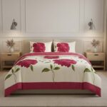 Reversible Floral Duvet Set Elegant Flower Stripe Pattern Bedding for Home Decor - Fuchsia - King