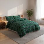 Thermal Flannelette Tartan Duvet Cover Set Warm Brushed Cotton Bedding - Single - Green