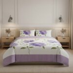 Reversible Floral Duvet Set Elegant Flower Stripe Pattern Bedding for Home Decor - Lilac - Double