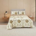 Soft Floral Brushed Cotton Fitted Flat Sheet And Matching Pillowcases - Double - Natural
