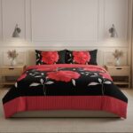 Reversible Floral Duvet Set Elegant Flower Stripe Pattern Bedding for Home Decor - Red - Single