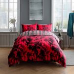 Duvet Cover And Pillowcase Set Reversible Rose And Stripe Design Polycotton Bed Linen - Single - Red