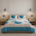 Reversible Floral Duvet Set Elegant Flower Stripe Pattern Bedding for Home Decor - Teal - Double