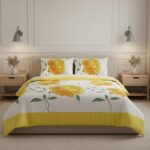 Reversible Floral Duvet Set Elegant Flower Stripe Pattern Bedding for Home Decor - Yellow - Double