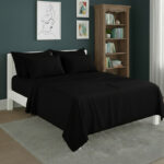 Plain Poly Cotton Easy Care Fitted Flat Sheet Matching Pillowcases Set - Super King - Black