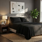 Soft Plain Brushed Cotton Fitted Flat Sheet Matching Pillowcases Set - Super King - Black