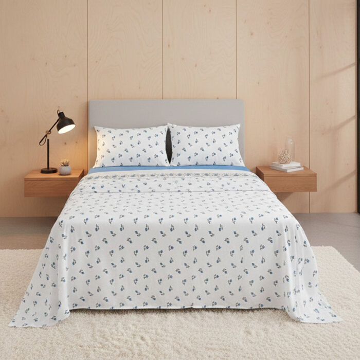 Soft Flower Print Brushed Cotton Fitted Flat Sheet And Matching Pillowcases
