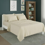 Plain Poly Cotton Easy Care Fitted Flat Sheet Matching Pillowcases Set - Super King - Cream