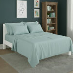 Plain Poly Cotton Easy Care Fitted Flat Sheet Matching Pillowcases Set - Super King - Duck Egg