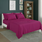 Plain Poly Cotton Easy Care Fitted Flat Sheet Matching Pillowcases Set - Super King - Fuchsia