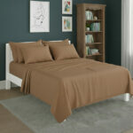 Plain Poly Cotton Easy Care Fitted Flat Sheet Matching Pillowcases Set - Super King - Latte