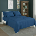 Plain Poly Cotton Easy Care Fitted Flat Sheet Matching Pillowcases Set - Super King - Mid Blue