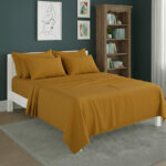 Plain Poly Cotton Easy Care Fitted Flat Sheet Matching Pillowcases Set - Super King - Mustard