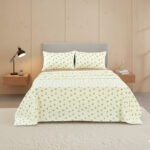 Soft Flower Print Brushed Cotton Fitted Flat Sheet And Matching Pillowcases - Single - Natural
