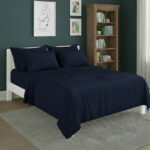 Plain Poly Cotton Easy Care Fitted Flat Sheet Matching Pillowcases Set - Super King - Navy