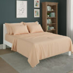 Plain Poly Cotton Easy Care Fitted Flat Sheet Matching Pillowcases Set - Super King - Peach
